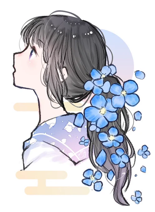 今日の横顔。女の子と花咲くポニーテール#メディバンペイント 