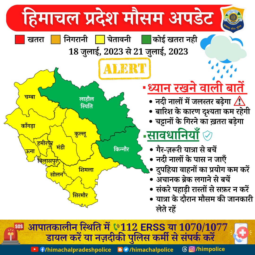 #WeatherUpdate #Police #Himachal #Rivers #Rainfall #YellowAlert #HPPolice

<a href="/CMOFFICEHP/">CMO HIMACHAL</a> <a href="/TTRHimachal/">HP Traffic, Tourist & Railways Police</a> <a href="/SpKangra/">Kangra Police</a> <a href="/sphamirpurhp/">SP Hamirpur (H.P)</a> <a href="/SPBilaspurhp/">Bilaspur Police, HP</a> @BaddiPolice <a href="/splahhp/">Lahaul & Spiti Police</a> <a href="/DCKullu/">DC Kullu</a> <a href="/HP_SDRF/">HP-SDRF</a> <a href="/HPSDMA/">HPSDMA</a> <a href="/dprhp/">Information And Public Relations Department, HP</a> <a href="/NDRFHQ/">NDRF India I राष्ट्रीय आपदा मोचन बल 🇮🇳</a>