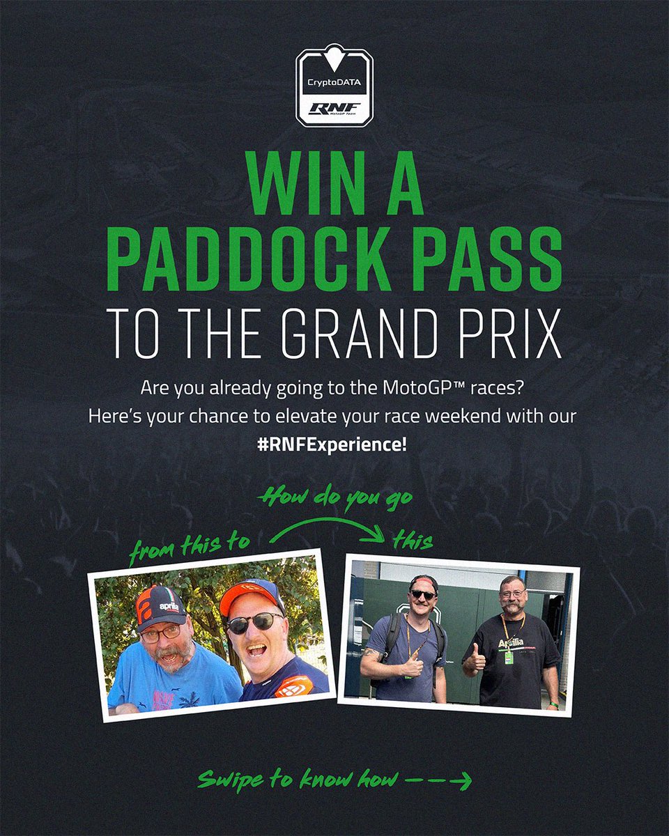 rnfracingteam's tweet photo. 📣 WIN A PADDOCK PASS TO THE #BRITISHGP !! 🇬🇧

It’s so easy! Follow us now and tag us in your post. #SwipeLeft ⬅️ for details. 

Get your exclusive #RNFExperience 🤩

#rnfmotogpteam | #CryptoDATA | #DiscoverPrivacy | #greenpowergenerators | #MotoGP | #Wearethe7THGEAR | #contest https://t.co/GKpRBIWGNS