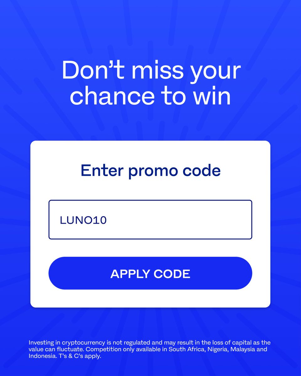 You can still enter our $10,000 Bitcoin giveaway ⏰ Simply redeem promo code  LUNO10 on your Luno app to secure your entry. Winner announced when we hit  10 000 entries #DecadeOfLuno