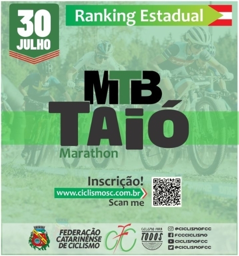 ciclismofcc's tweet photo. MTB TAIÓ Mountain Bike - XCM

Taió - SC

30/07/2023 07:00h

Informações e inscrições: https://t.co/Q3Ck93GidT ou link na BIO do Instagram

#ciclismo #cycling #mtb #cyclinglife #bike https://t.co/T14tylOiqy