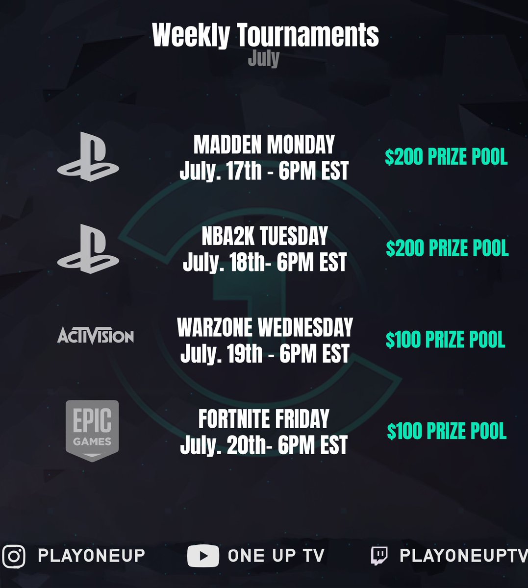 🔥🎮 Unleash your gaming prowess in this week's tournaments on Play One Up! #ItPaysToPlay #GamingTournaments
Sign up here ➡️ playoneup.com