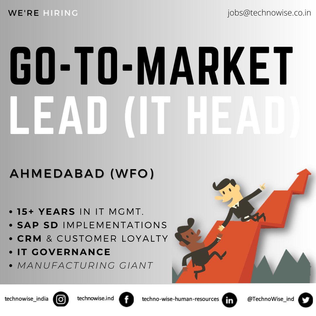 𝐆𝐎-𝐓𝐎-𝐏𝐄𝐑𝐒𝐎𝐍 𝐟𝐨𝐫 𝐭𝐡𝐞 𝐆𝐓𝐌 𝐒𝐭𝐫𝐚𝐭𝐞𝐠𝐢𝐞𝐬❓
🔊 We're HIRING a GTM Lead

☑️SAP SD 
☑️DMS, CRM, Customer Loyalty, etc.
☑️IT Governance

#SAPSD #SAPHana #CRM #DMS #ITGovernance #CustomerLoyalty
#ITHead #GTM #GTMStrategy #Ahmedabad #Jobs

#TechnoWise_India