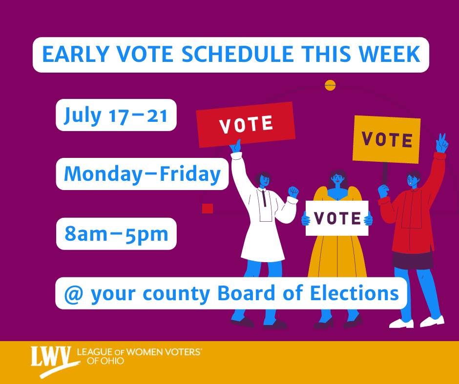 lwvohio's tweet photo. Week 2 of early in-person voting starts today! 
Monday through Friday, from 8am to 5pm this week, you can go to your county Board of Elections to cast your ballot in the August special election. Make sure you bring your photo ID
go here for info https://t.co/bPZk56XTl2 https://t.co/xupdoWo8Jp
