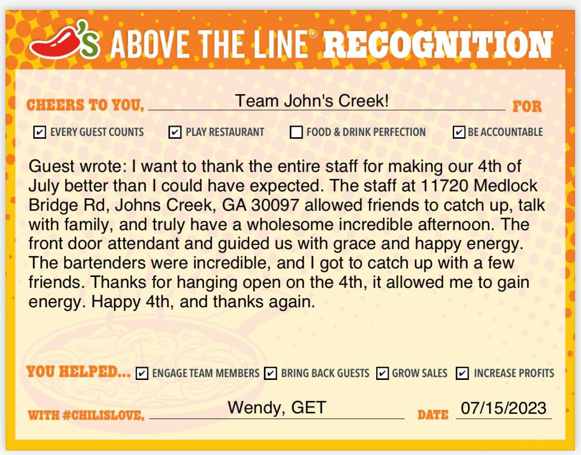 bosslady1778's tweet photo. Feelin’ Special 🤩 and All the #ChilisLove from the RSC 🌶️❤️🫶 #EveryGuestCounts at #Chilis Johns Creek #Back2Great @chilisjenn @ARoberts0525 @rhyman101 https://t.co/PbMcwbz1F8