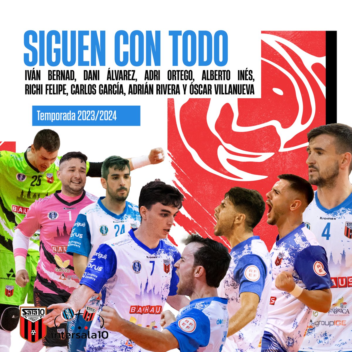 WanapixSala10's tweet photo. OFICIAL | Iván Bernad, Dani Álvarez, Richi Felipe, Adrián Rivera, Adri Ortego, Óscar Villanueva, Carlos García y Alberto Inés seguirán en AD Sala 10 Zaragoza

Los ocho jugadores tenía contrato al terminar la temporada y seguirán en el club 

➡️ https://t.co/3m3vv98Ura https://t.co/uqHRwwiB5f