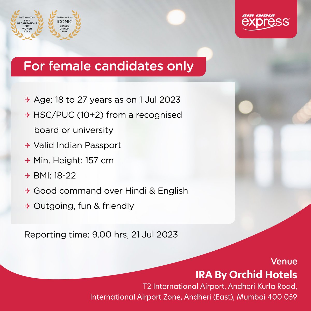 AirIndiaX's tweet photo. Take flight with our team and soar towards your dreams! ✨
We are hiring cabin crew in Mumbai on 21 July 2023. Scan the QR code to apply now! #JoinTheCrew https://t.co/5k4QNBstc3