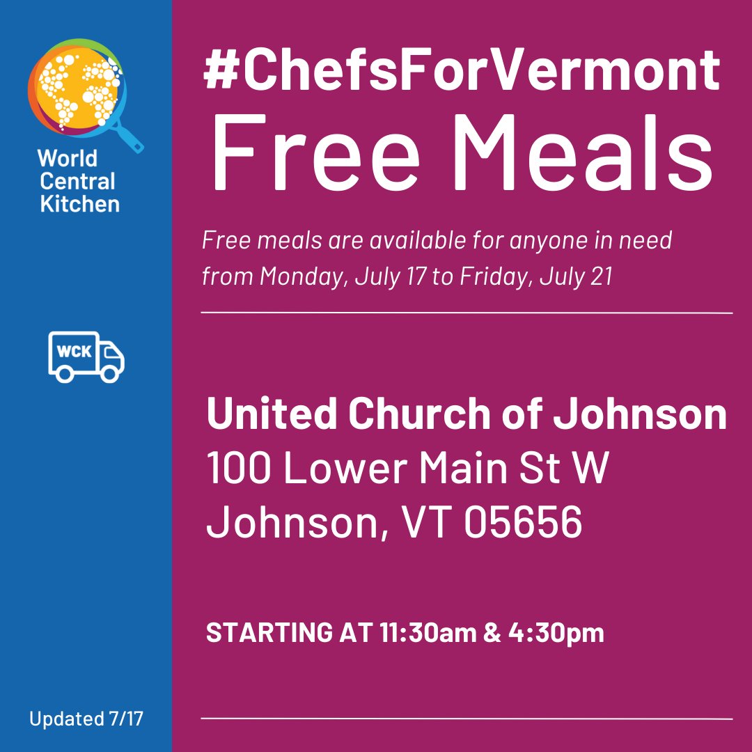 WCKitchen's tweet photo. WCK’s Relief Team will have free meals available for anyone impacted by the flooding in Vermont at the following location today 7/17 through Friday 7/21!
#ChefsForVermont https://t.co/kWezWk3vry