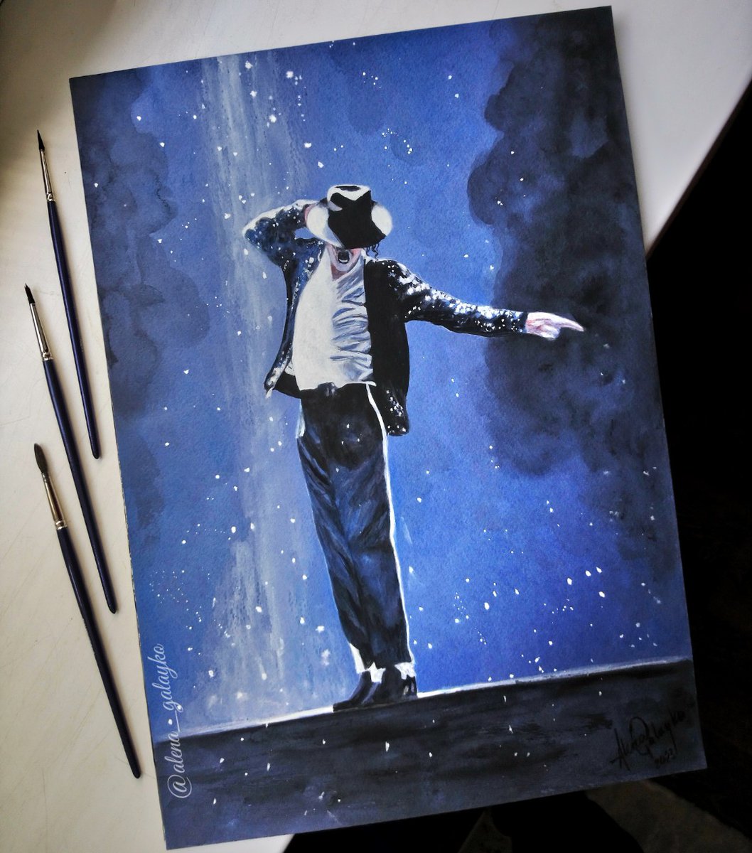 💙 Magic of Michael Jackson 💙
Finished painting, on paper. Acrylic and gouache colors are used in this artwork. Size 11.7x16.5 inches. 😊
#michaeljackson #mj  #acrylicart #billiejean #michaeljacksonart #ilovemj #gouache #creativeart #realisticart #fineart #artforsale #mjfam
