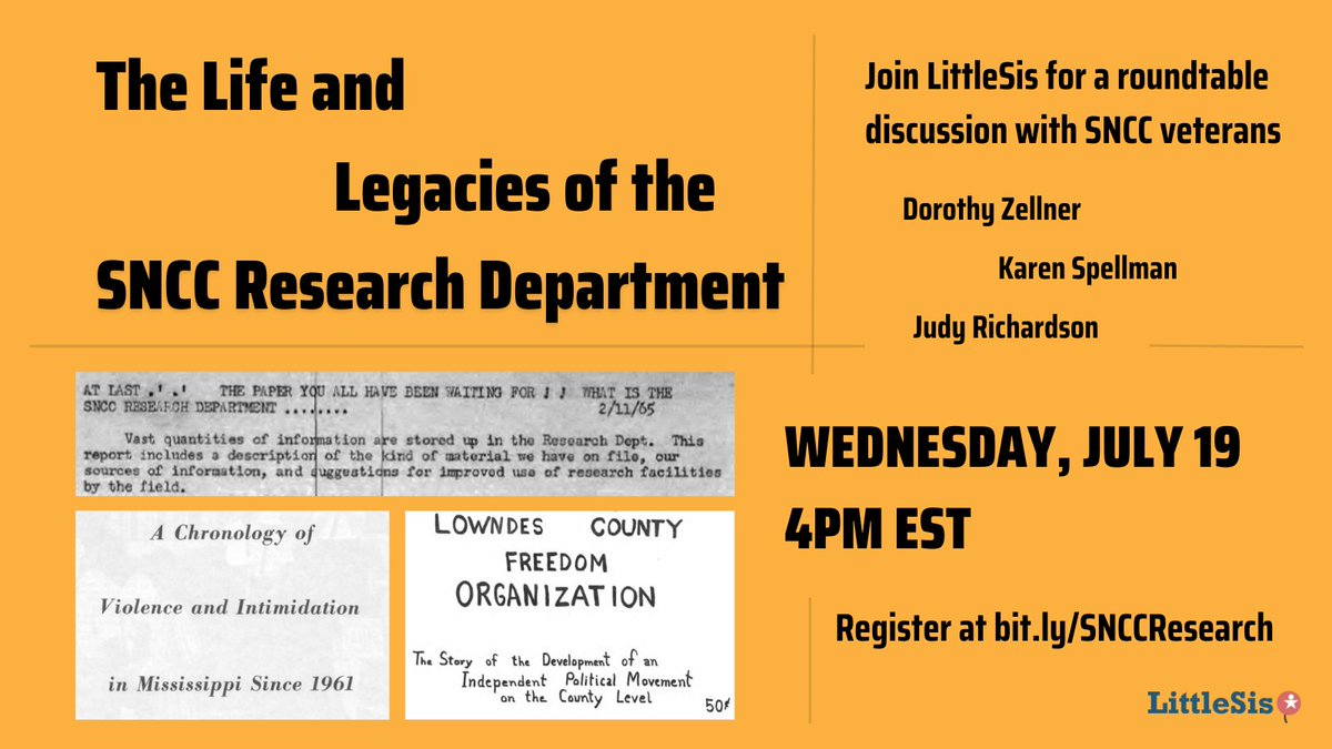 twittlesis's tweet photo. This Wednesday, July 19 at 4pm ET:

Join us for a roundtable discussion about how the SNCC research department used power research in their organizing against Jim Crow in the US South.

Register at https://t.co/4XtS4k0w4V https://t.co/IuQRt7JiAg