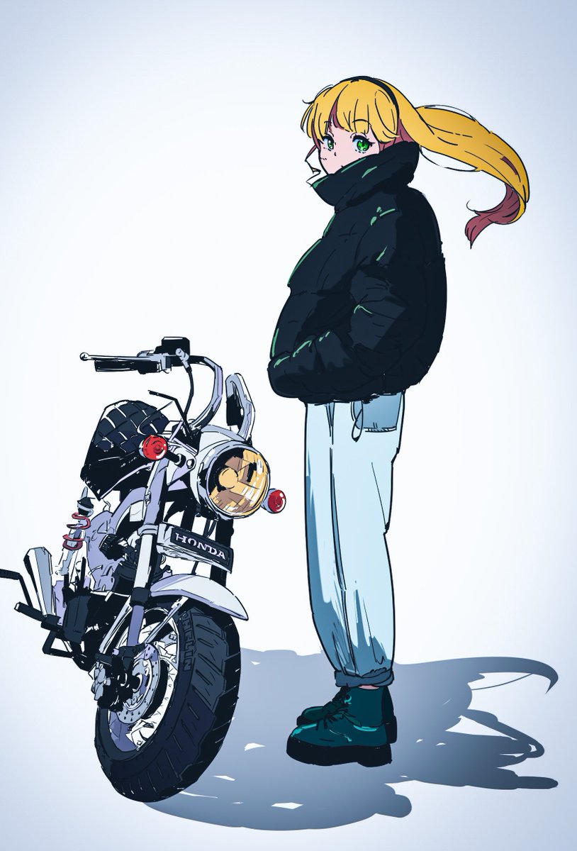 1girl motorcycle solo blonde hair motor vehicle ground vehicle pants  illustration images