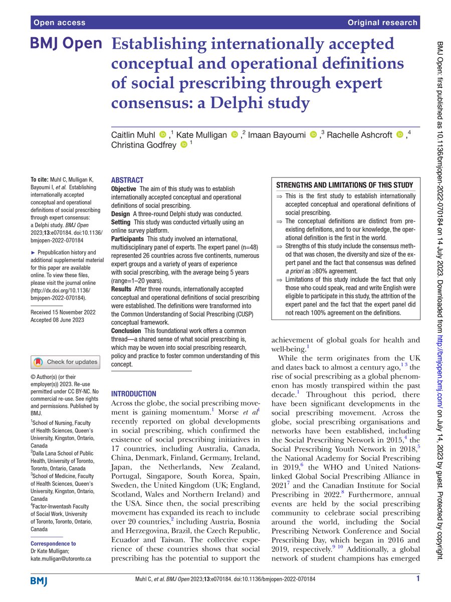 🚨 NEW PUBLICATION 🚨 Establishing internationally accepted conceptual and operational definitions of social prescribing through expert consensus: a Delphi study

Check it out in <a href="/BMJ_Open/">BMJ_Open</a>: bmjopen.bmj.com/content/13/7/e…

@GSP_Alliance <a href="/NASPTweets/">The National Academy for Social Prescribing</a> <a href="/SocialPrescrib2/">Social Prescribing Network</a> <a href="/CISP_ICPS/">CISP_ICPS</a>

(1/6)