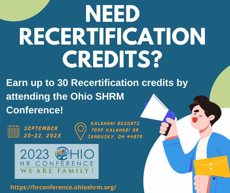 Register today for the Ohio SHRM Conference, and earn up to 30 Recertification Credits!!! #shrmcp #shrmscp #ohshrm23 buff.ly/2FbcfVi