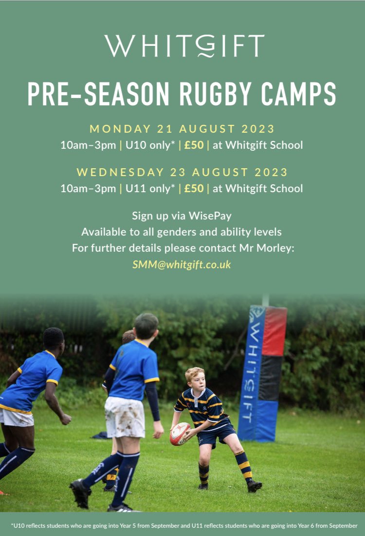 WhitgiftSport's tweet photo. 🚨 PRE-SEASON RUGBY CAMPS 🚨

Hands up if you want to attend our U10 and U11 Pre-Season Rugby Camps in August? 🙌

Have fun, experience our facilities and develop your skills ahead of the new season! 🏉

Sign up below 👇 
https://t.co/hXPiV4F1lN

#WhitgiftRugby https://t.co/1PNyyQfG8k