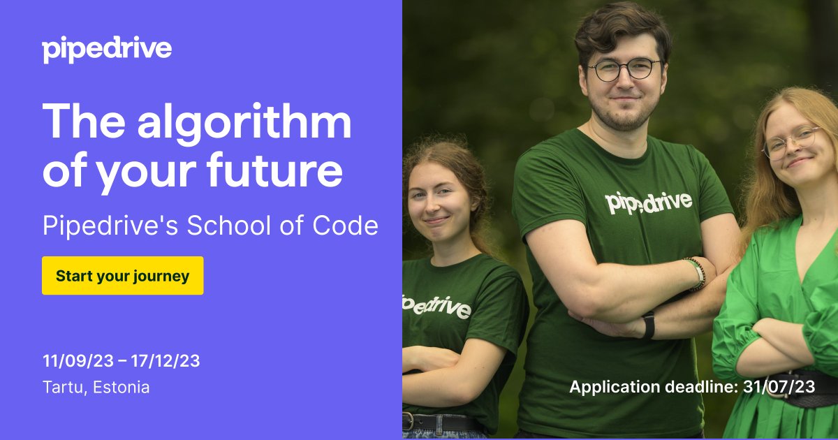 pipedrive's tweet image. 🎓  Pipedrive’s School of Code is coming to Tartu!

Join our unique three-month-long paid internship, where you’ll learn how software development is done at one of Estonia’s unicorns.

📌 Apply here: pipedrive.live/school-of-code…

#Tartu
#Pipedrive
#SchoolOfCode
#SoftwareDevelopment