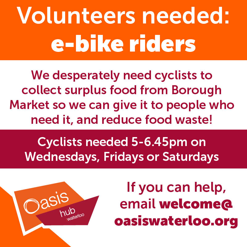 Please RT! We've developed partnerships with various traders at @boroughmarket to pick up food that would otherwise go to waste, and distribute it to those in our community in need. However, we're short of volunteers to collect the food &amp; bring it back to the Oasis Centre. [1/2]