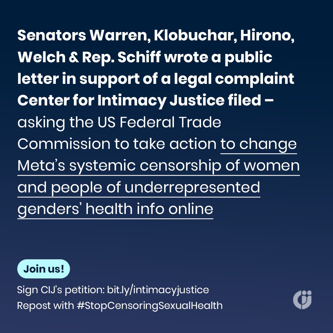 IntimacyJustice's tweet photo. BREAKING: 5 Congressmembers wrote a public letter asking @FTC to investigate @Meta’s censorship of sexual health ads for women &amp; people of diverse genders– supporting our legal complaint Center for Intimacy Justice filed. Sign petition to support: https://t.co/aAiiC2pflW https://t.co/KCxfHe8HKQ