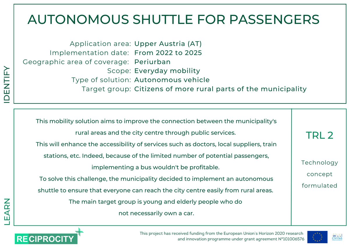 RECIPROCITY_EU's tweet photo. Check the key learnings of this #mobility solution! 👉 AUTONOMOUS SHUTTLE FOR PASSENGERS

✔️It aims to improve the connection between the municipality's rural areas and the city centre through public services

➡️Discover other solutions: https://t.co/m7cwdlvs9L @CIVITAS_EU https://t.co/6jBaPNpx4z
