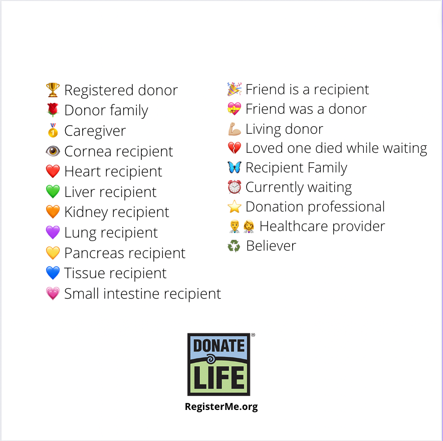 It's #WorldEmojiDay! Drop an emoji(s) in the comments to describe your connection to organ, eye and tissue donation! #DonateLife Register your decision to be an organ, eye and tissue donor at RegisterMe.org or in your iPhone Health App—then you can add this one: 🏆
