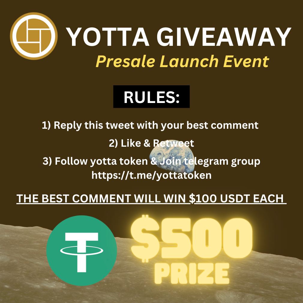 yottatoken's tweet photo. We are giving away $500 USDT to 5 of the best comments✅ 

1.) Submit your best comment by replying below. 
2.) Like + RT + Following
3.) Join our official telegram 
https://t.co/lPzPBkFUwe 
Good luck to all &amp; winners chosen on 31th July📷🤝 https://t.co/bGyXnOeqv7