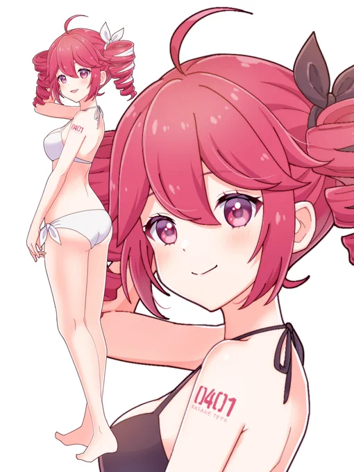 テトさんの水着姿を描かせていただきました 白ビキニ派?黒ビキニ派? #重音テト #100日チャレンジ 57枚目