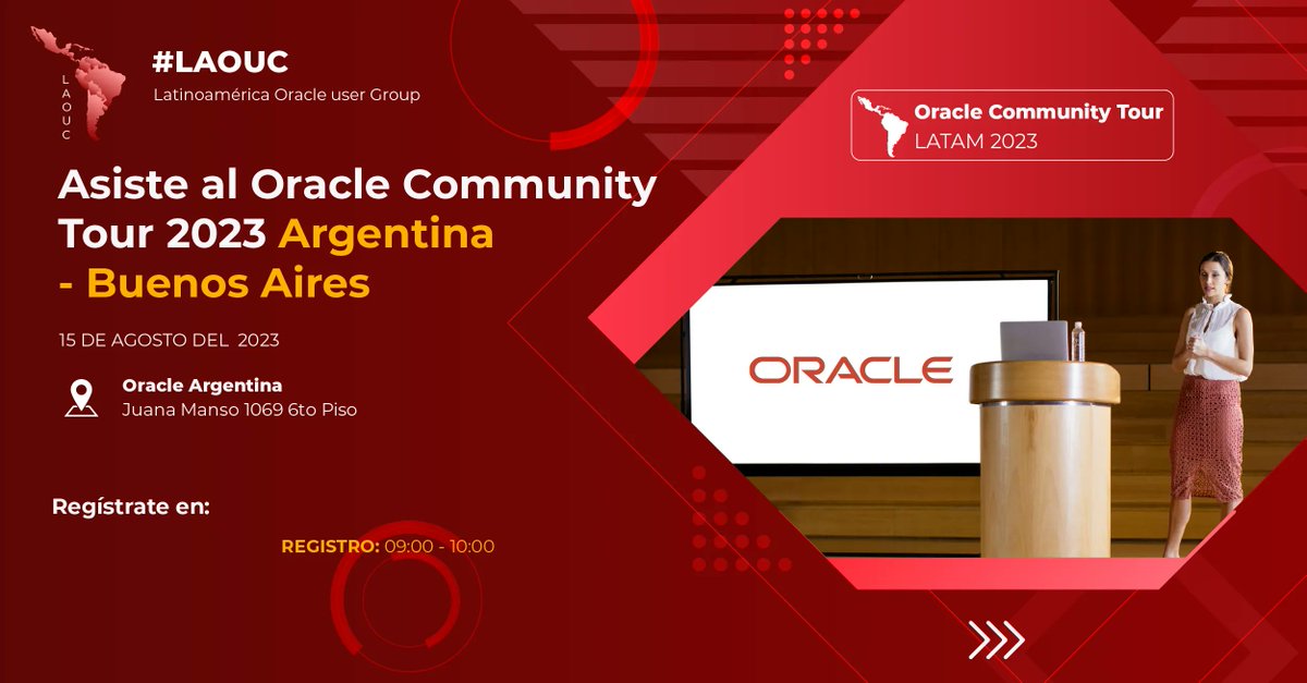 Lisandro Fernigrini (@lfernigrini) on Twitter photo Cada vez falta menos para Oracle LAOUC Community Tour 2023 en Buenos Aires! El 15 de Agosto es la fecha esperada.
Registrate al evento gratuito en buff.ly/43i8qq5
#LAOUC #Oracle #AROUG <a href="/ar_oug/">Argentina OUG</a> <a href="/laouc/">LAOUC</a> <a href="/OracleDevsLA/">Oracle Developers Latin America</a> Cada vez falta menos para Oracle LAOUC Community Tour 2023 en Buenos Aires! El 15 de Agosto es la fecha esperada.
Registrate al evento gratuito en buff.ly/43i8qq5
#LAOUC #Oracle #AROUG <a href="/ar_oug/">Argentina OUG</a> <a href="/laouc/">LAOUC</a> <a href="/OracleDevsLA/">Oracle Developers Latin America</a>