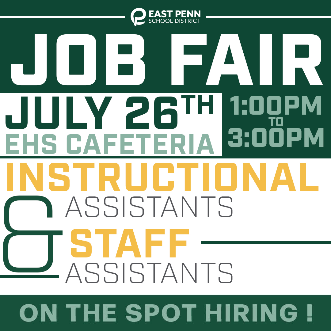 Join us on July 26th from 1:00-3:00 PM in the EHS Cafeteria for the EPSD Job Fair! Hiring on the spot for Instructional and Staff Assistants!