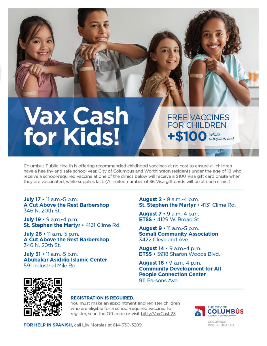 ColumbusHealth's tweet photo. Columbus and Worthington residents under the age of 18 who receive a school-required vaccine from Columbus Public Health at a specific vax cash clinic will receive a $100 visa gift card onsite when they are vaccinated, while supplies last. Register here: https://t.co/qZXaYh9ioL. https://t.co/y5PNFgD2zl