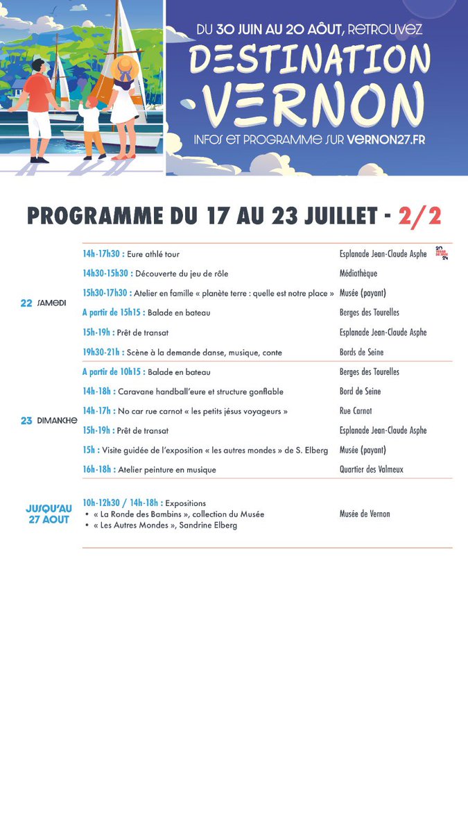 VilledeVernon's tweet photo. Quel est le programme prévu cette semaine sur #DestinationVernon ? ☀️

👇 https://t.co/uYcvuIecsy
