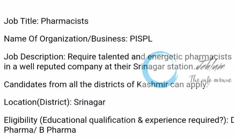 PISPL Srinagar Pharmacist Jobs 2023 .

👉FOR COMPLETE DETAILS VISIT OUR WEBSITE JEHLUM(dot)IN.

#Jehlum #Job #pharmaceuticalsjobs #jobsinsrinagar