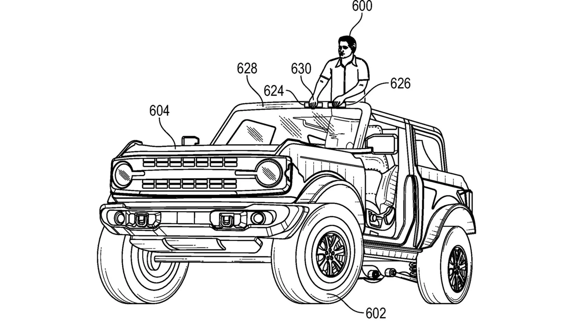 In a new <a href="/Ford/">Ford Motor Company</a> patent: Drive your bronco - standing up! Very useful in mad max scenarios (important for the bronco camp).