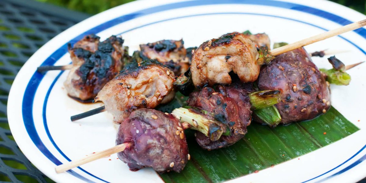 andrewzimmern's tweet photo. The secret to making authentic izakaya-style Japanese chicken skewers is in the fresh ginger juice baste and classic yakitori glaze—a craveable combination of dashi, sake, soy and mirin. https://t.co/ujXkF3dJmJ https://t.co/2MHV0wGHmR