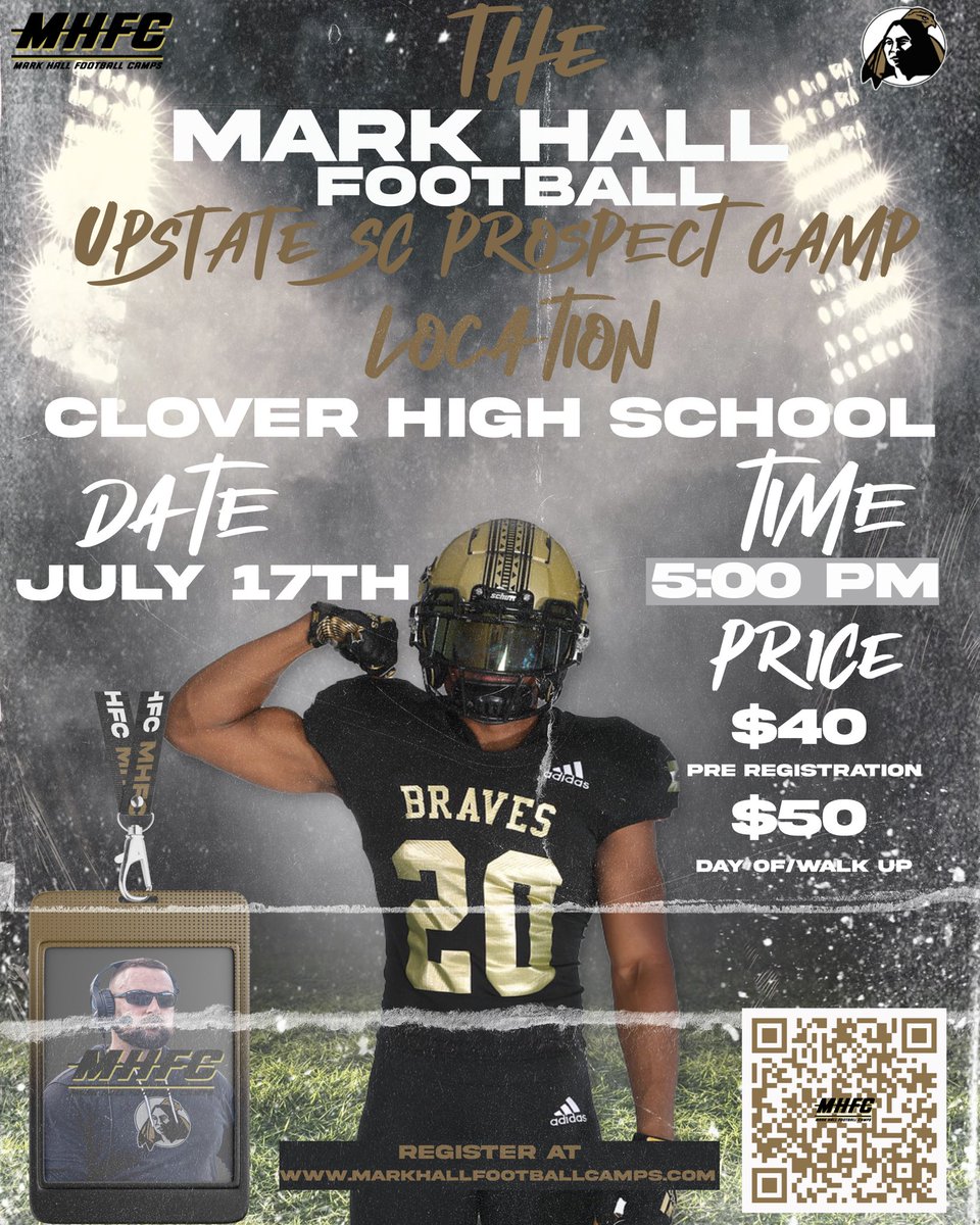 🚨@UNCP_Football travels to UPSTATE SC! Your time is now! See you guys tonight at 5:00pm! It’s not too late to register either at: markhallfootballcamps.com #EarnA🎒 #BraveNation