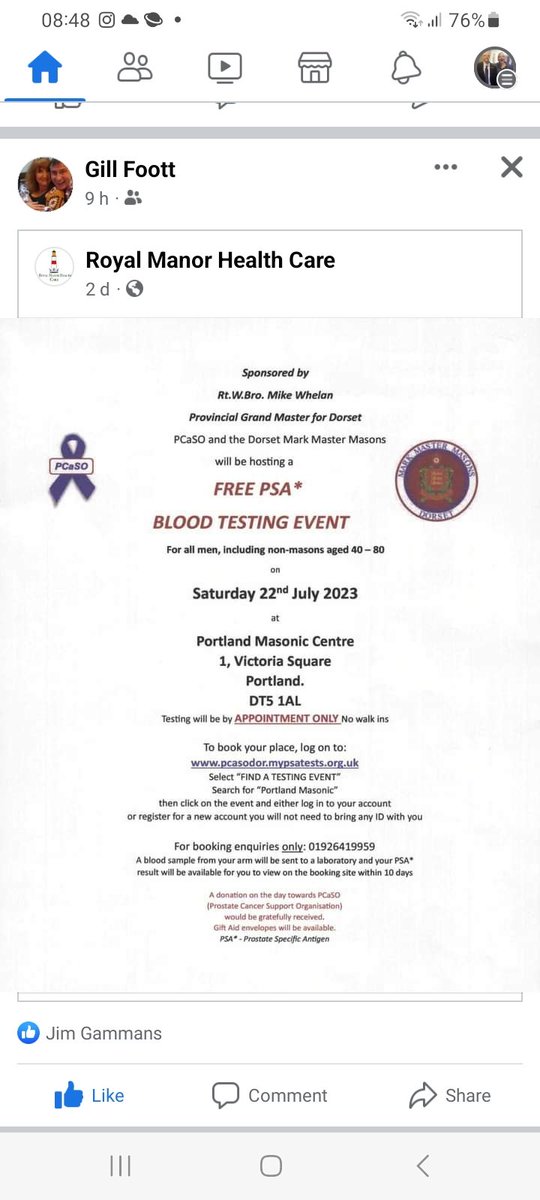 JimGammansCCG's tweet photo. There's a free PSA testing event on #Portland this Saturday for men above the age of 40. Appointment needed, details below. @NHSDorset @WeyandPortPCN https://t.co/um9NJjAybg