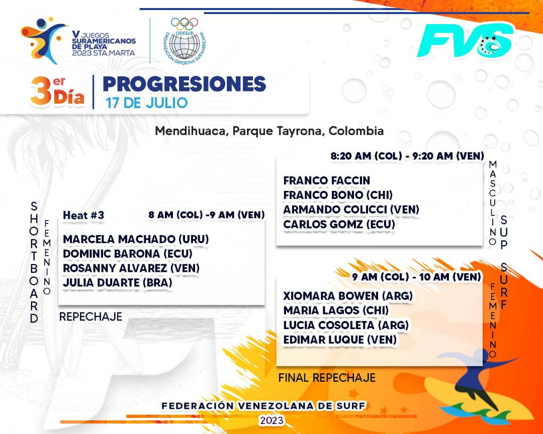 3er Día de Competencia 

Día de Grandes finales en  éstos V JUEGOS SURAMERICANOS DE PLAYA, SANTA MARTA 2023.

🇻🇪 ¡Arriba Venezuela! 🇻🇪
#TeamVzlaSurf 
#LosJuegosDelCambio