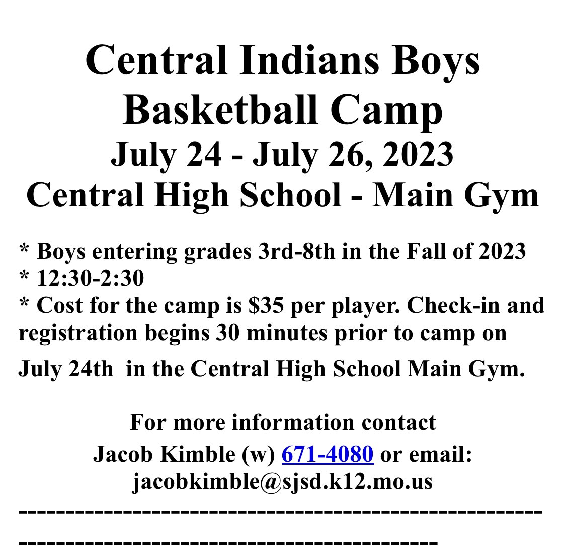 Basketball Camp is one week away! You can register at the door. We are excited to see everyone! <a href="/CHS_Indians/">St. Joe Central HS</a> <a href="/DCLau5/">David Lau</a>