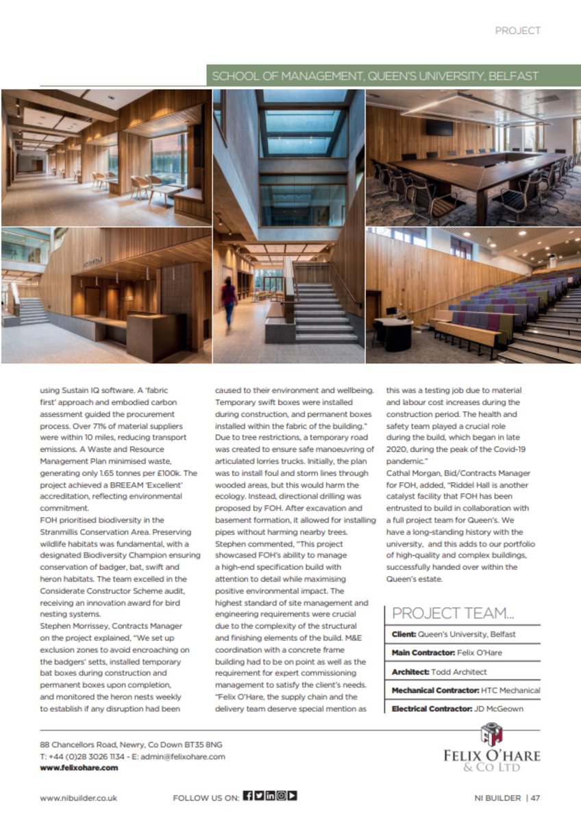 Fantastic article in the latest edition of NI Builder highlighting the Ecological and Net Zero excellence achieved by Queen's University Belfast's new School of Management at Riddel Hall.

Access here: bit.ly/44tuAqW

#NetZero #EcologicalExcellence #ManagementSchool