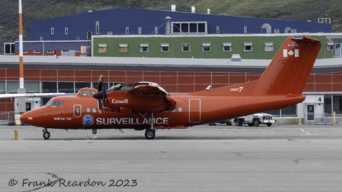 FrankReardon1's tweet photo. The 1985 De Havilland Canada DHC-7-150 C-GCFR Dash 7 in #Iqaluit #Nunavut. @Transport_gc Transport Canada, National Aerial Surveillance Program (#NASP) #YFBSpotters #Dash7 #CGCFR JUL.16.2023 https://t.co/Yt54tt9RKt