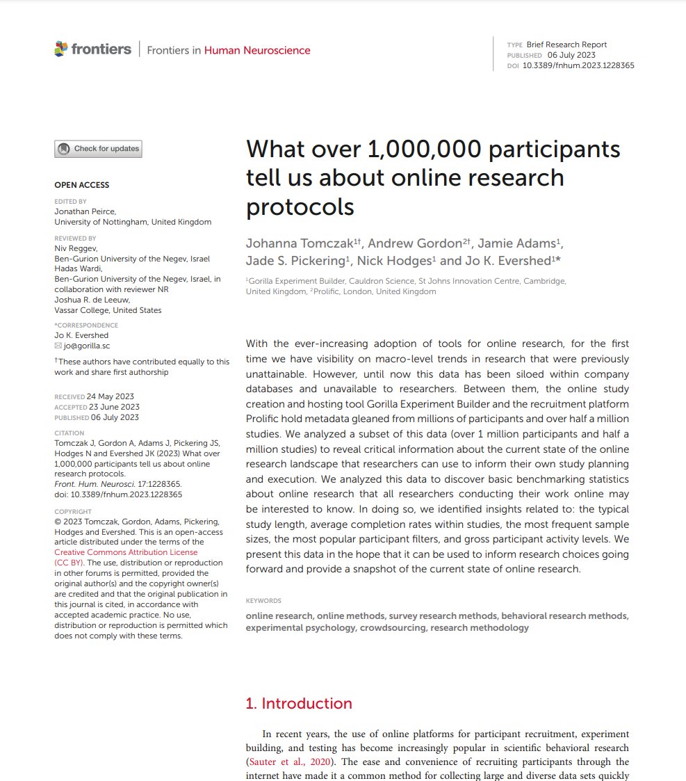 We wrote a paper! 🧪

Online research has grown tremendously in recent years, with MILLIONS of participants completing studies. 

Rather than keep this data hidden away, <a href="/GorillaPsyc/">Gorilla Experiment Builder</a> teamed up with <a href="/Prolific/">Prolific</a> to find out what we can learn from all those P.

bit.ly/3K1iz3U