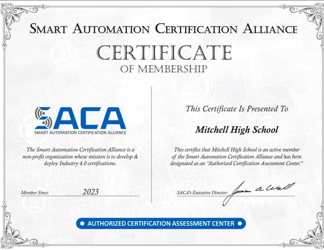 COSMOSIndiana's tweet photo. @MitchellHS is pleased to announce that it has become a member of @SACAcerts in order to align education and training to meet the realities of Industry 4.0. 

Students will soon earn SACA Industry 4.0 certifications. https://t.co/HB3cOZU726