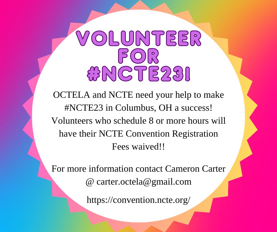 Hey <a href="/OCTELA/">OH English Teachers</a>! @NCTE needs your help with the annual convention coming to Columbus! Volunteering is a great way to attend! Contact <a href="/CRCarter313/">Cameron Carter</a> for more information.