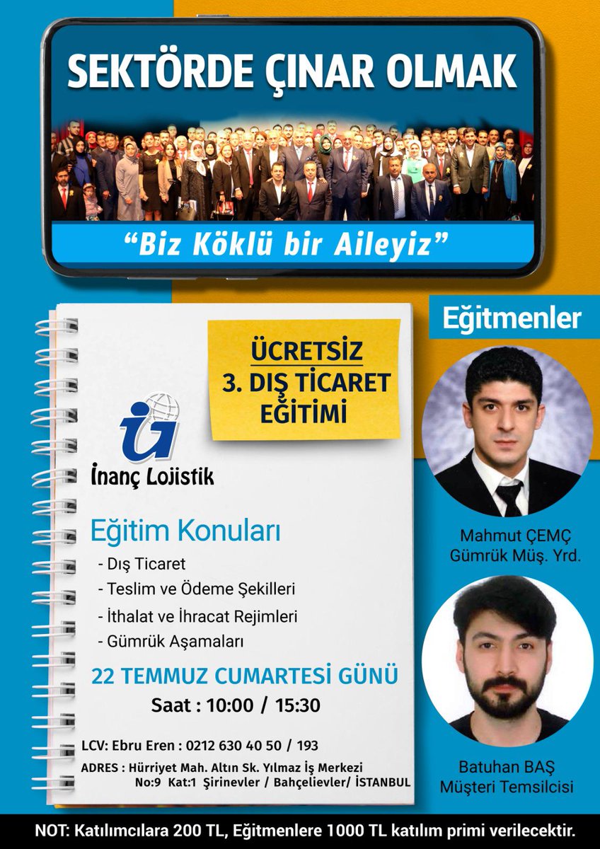ÖNEMLİ DUYURU📢
📌22 Temmuz cumartesi günü ücretsiz dış ticaret eğitimimize katılmak için kayıt yaptırmayı unutmayın.Sınıf kontenjanımız dolmak üzere ✏️📒😊