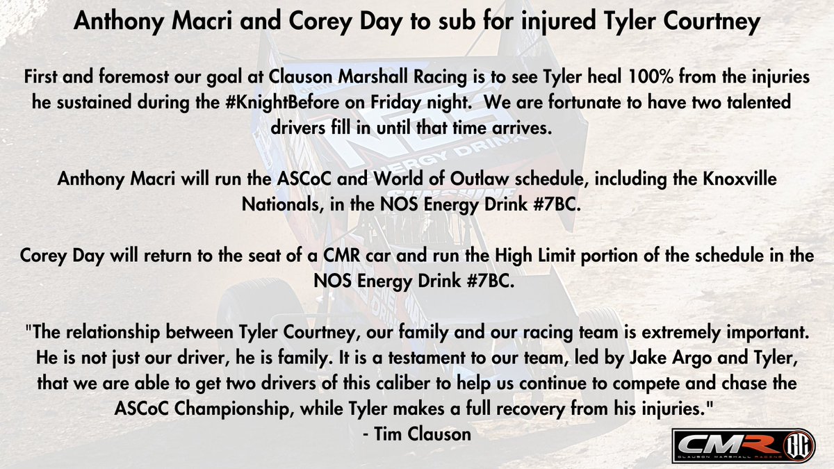 ClausonMarshall's tweet photo. Update on @TyCourtney7BC the @NosEnergyDrink #7BC team!

@AnthonyMacri7 to fill in for @ASCoC and @WorldofOutlaws events on CMR schedule

@corey_day_ to fill in for @HighLimitRacing events on CMR schedule https://t.co/7rohsjf9z7