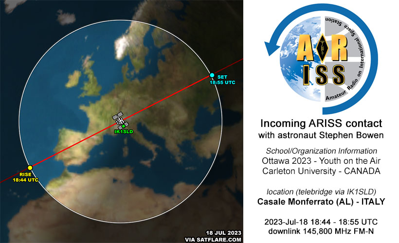 Incoming <a href="/ARISS_Intl/">ARISS - Amateur Radio on the ISS</a>
 
<a href="/NASA_Astronauts/">NASA Astronauts</a> Steve Bowen will speak to scouts gathered for <a href="/YOTAregion2/">Youth on the Air</a> Youth on the Air Camp 2023 in Ottawa - CANADA🇨🇦
 
Live: youtu.be/5_RNSrtcLQQ

Telebridge via <a href="/IK1SLD_ARISS/">IK1SLD ARISS Telebridge Station</a>, Italy🇮🇹
18 Jul 2023 - 18:44 UTC
downlink 145,800 MHz FM-N above EU🇪🇺
