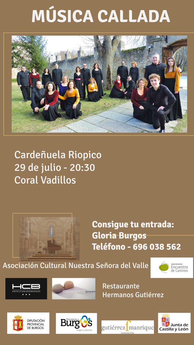 MusicaCallada23's tweet photo. 🎼Sábado 29 de julio 🕣20.30h la cita es en Cardeñuela Riopico con la  Coral de Cámara Vadillos.
Evento dentro del ciclo de conciertos Música Callada, que organiza la @info_caminos 
 ℹ️https://t.co/LBgWqCIsDC
#desarrollorural #cultura #turismo #musica #conciertos #ciclodemusica https://t.co/0T35luWCM1