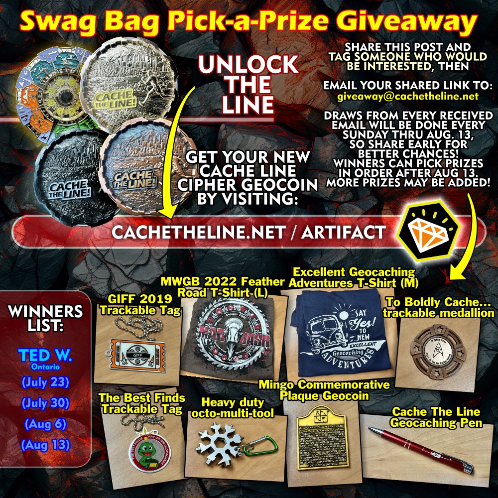 Big giveaway happening for sharing this new geocoin campaign! Unlock The Line! See what it's about at cachetheline.net/artifact

Share this or post about it and email the link to be entered into the giveaway (details in image)
#Geocaching #Geocoin #Indiegogo <a href="/Indiegogo/">Indiegogo💡</a>