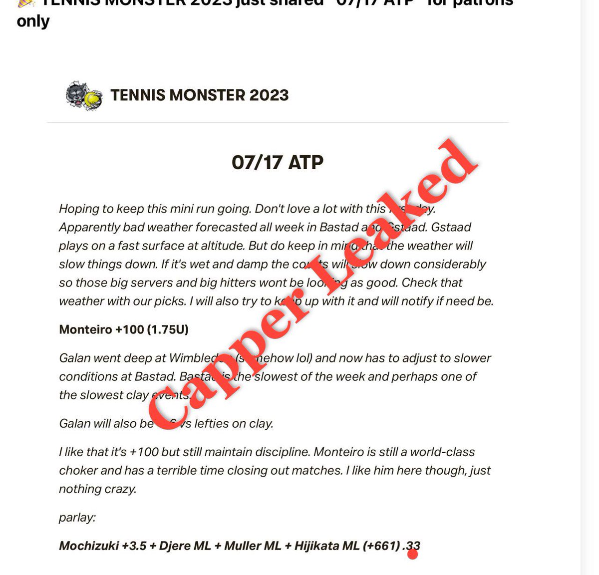 CAPPERS LEAKED on Twitter: "TennisMonster"