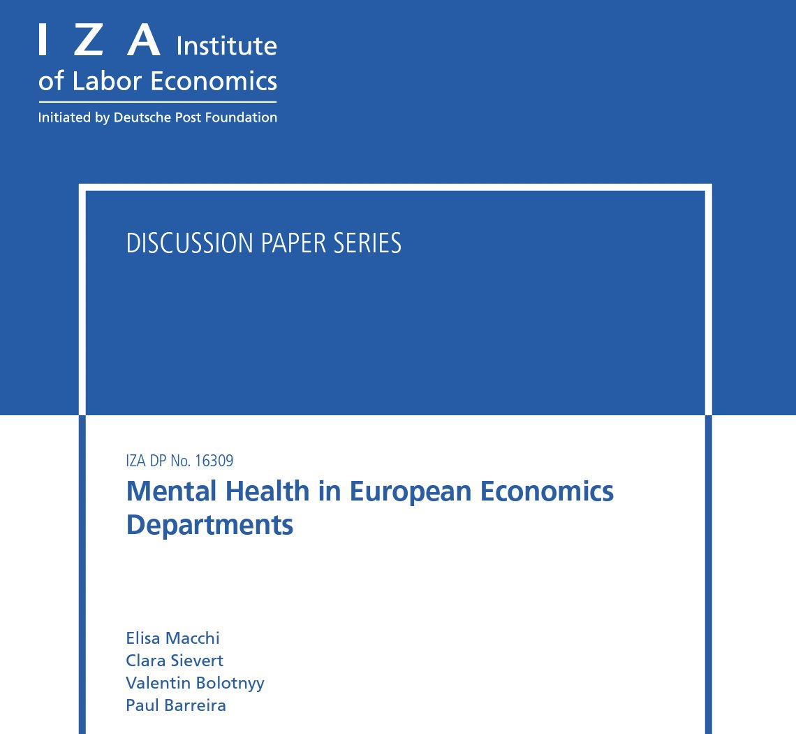 Just released a new working paper on mental health in European Economics Departments joint w. @ClaraSievert, @vbolotnyy, and Paul Barreira. Follow this thread for an overview of our research and key findings. Please, read the full working paper here: docs.iza.org/dp16309.pdf