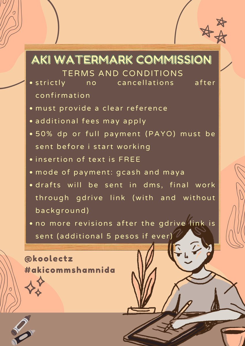 koolectz's tweet photo. #akikomms : BATCH 39 .ᐟ

aki digital art watermark commission ! ༊*·˚ 

– 10 slots only 
– dm to avail a slot
– working hours: 1 - 8 days
– can also do thank you card, box seal sticker, wishlist, layout, icon
– read t &amp; c

# wts lfb wm comms bns digi lf client chibi text doodles https://t.co/OdNJQmyivo