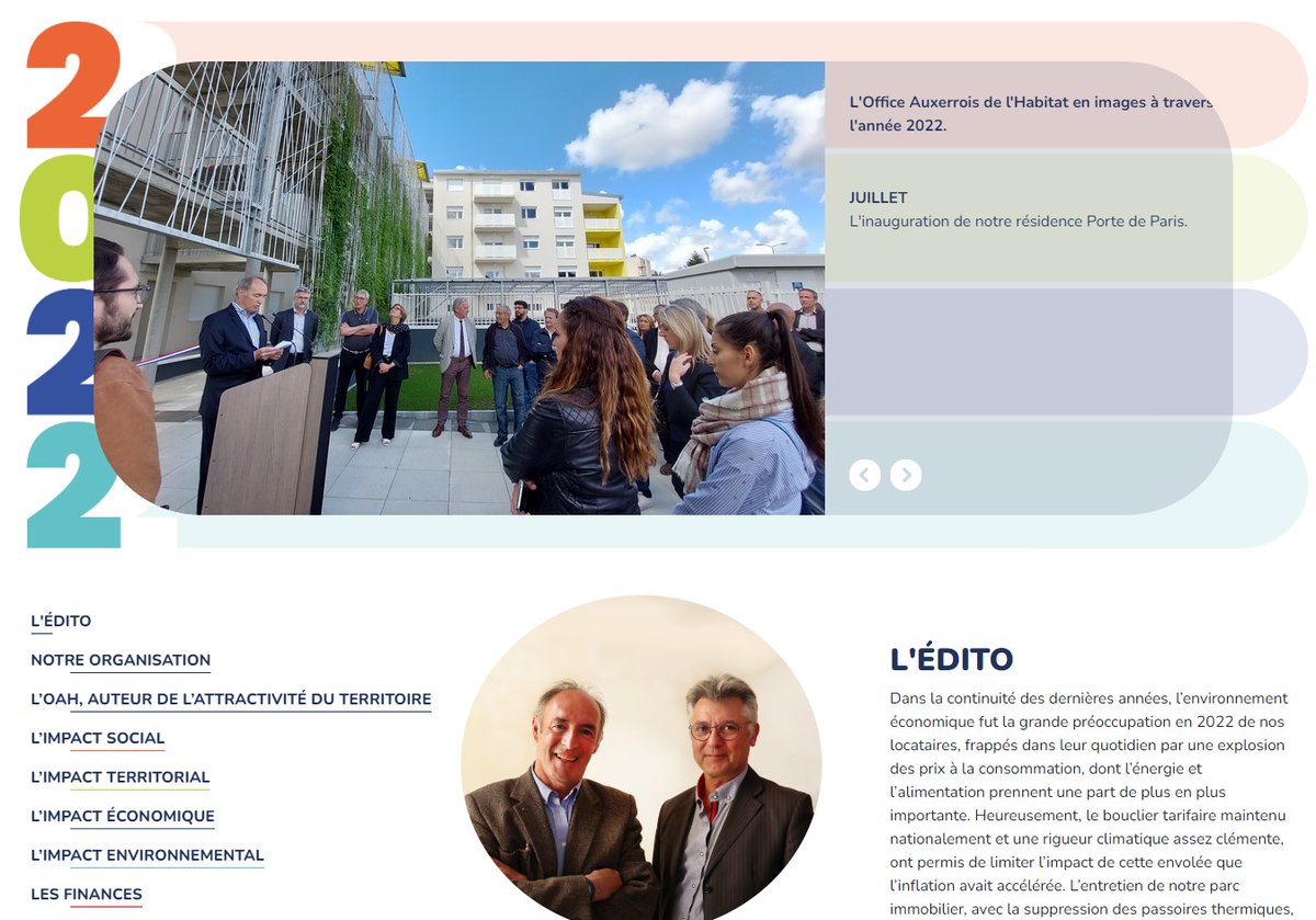 Notre rapport d'activité 2022 est en ligne. Un site qui vous permet d'en savoir plus sur notre organisation, notre patrimoine, nos projets, investissements, notre accompagnement des collectivités, notre contribution au lien social, nos démarches #RSE... 👉rapportactivite.oah.fr